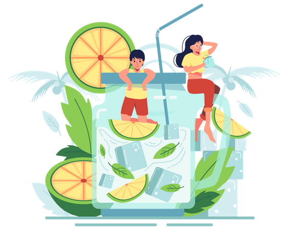 Paar trinkt Zitronensaft im Sommerurlaub  Illustration