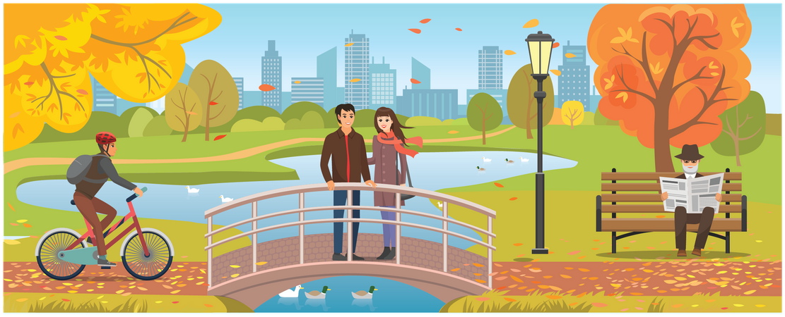 Paar verbringt schöne Zeit zusammen an der Parkbrücke  Illustration