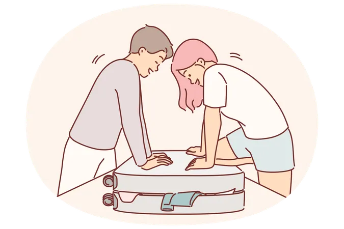 Paar versucht, überfüllten Koffer voller Kleidung zu schließen  Illustration