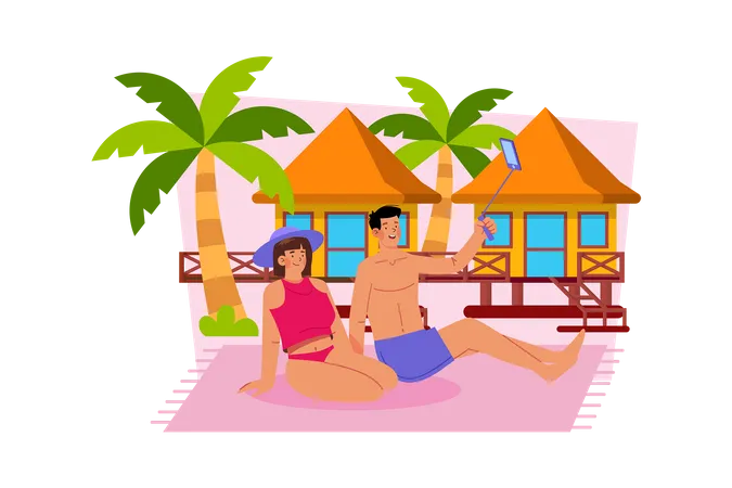Paar wählt ruhigen Urlaubsort zum Entspannen  Illustration