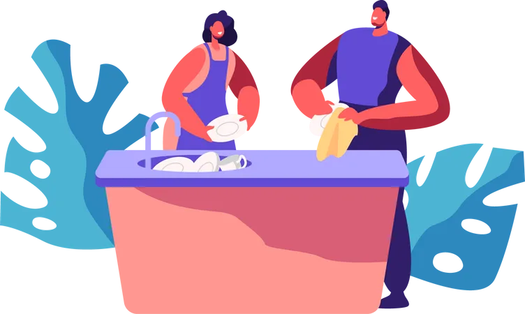 Paar wäscht gemeinsam Geschirr in der Küche  Illustration