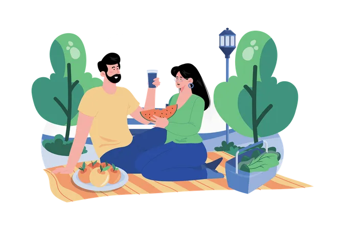 Picknick oder Wanderung im Freien für Paare  Illustration