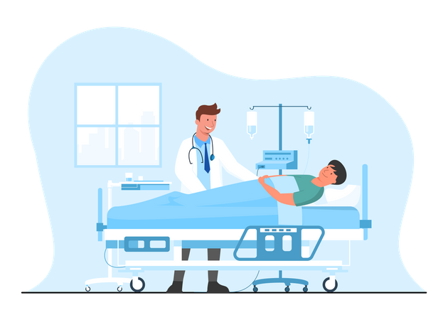 Paciente acostado en la cama de un hospital  Ilustración