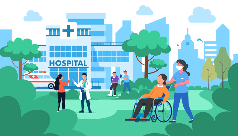 Paciente caminando por las instalaciones del hospital  Ilustración