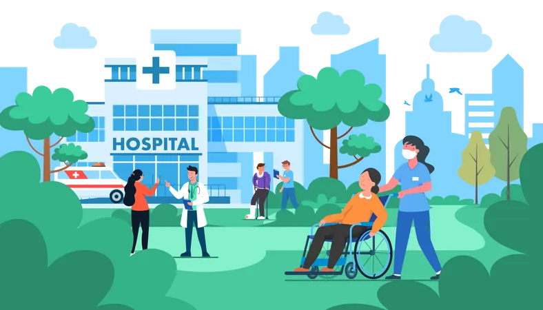 Paciente caminando por las instalaciones del hospital  Ilustración