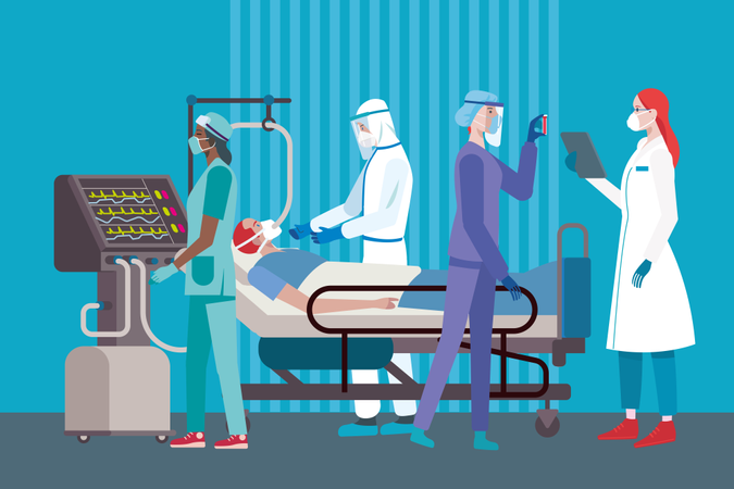 Paciente com coronavírus em respirador atendido por uma equipe de médicos ou enfermeiros do sexo feminino e masculino que usam diferentes equipamentos de proteção individual na UTI do hospital  Ilustração