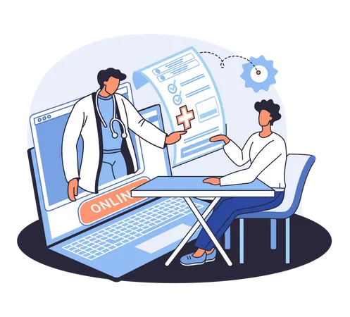 Paciente consultando médico sobre relatório de saúde  Ilustração