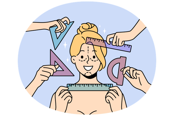 Paciente femenina de una clínica de cirugía plástica con líneas en la cara y reglas en manos de los médicos  Ilustración
