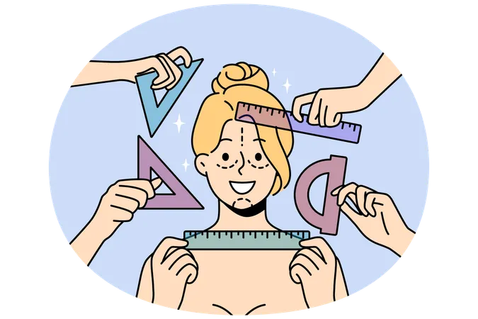 Paciente femenina de una clínica de cirugía plástica con líneas en la cara y reglas en manos de los médicos  Ilustración