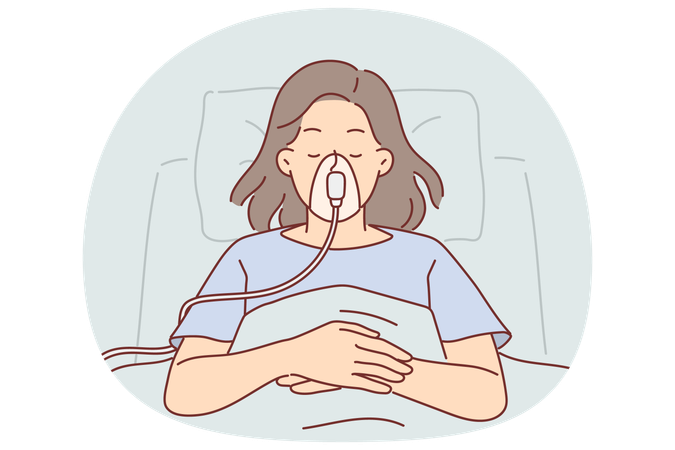 Una paciente de una clínica con máscara de oxígeno en la cara yace en una habitación de hospital conectada a un ventilador.  Ilustración