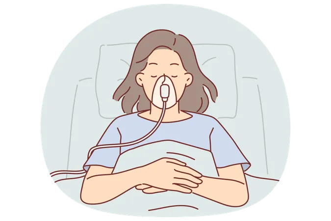 Una paciente de una clínica con máscara de oxígeno en la cara yace en una habitación de hospital conectada a un ventilador.  Ilustración