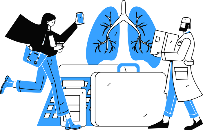 Paciente comenta informe pulmonar con médico  Ilustración