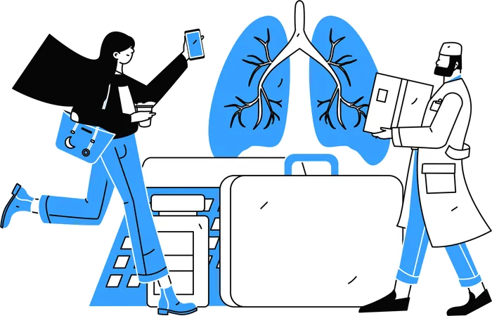 Paciente discute relatório pulmonar com médico  Ilustração