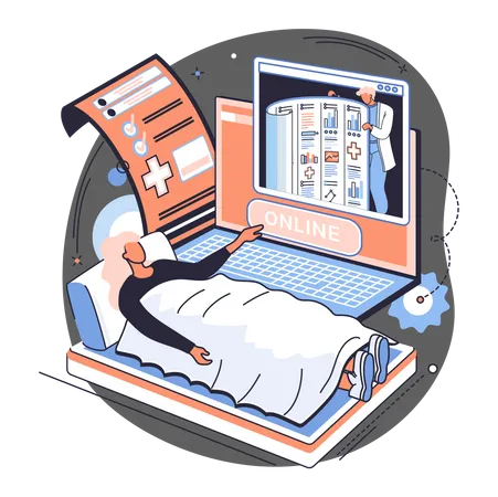 Paciente doente usando consulta médica on-line  Ilustração