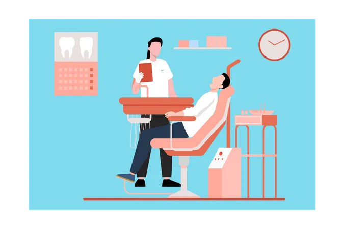 Paciente en la clínica dentista para tratamiento.  Ilustración