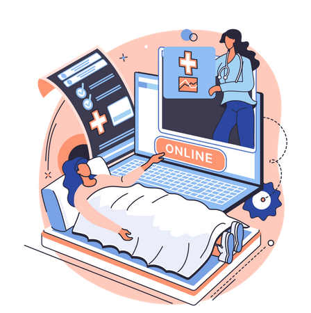 Paciente do sexo feminino usando consulta médica on-line  Ilustração