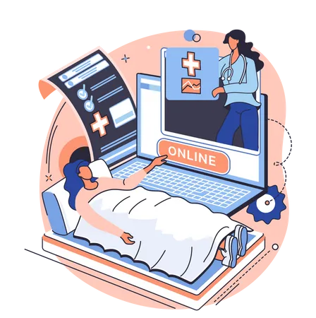 Paciente do sexo feminino usando consulta médica on-line  Ilustração