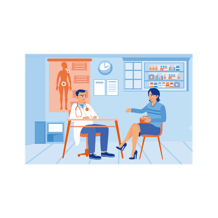 Paciente mujer visitando a un médico en el hospital  Ilustración
