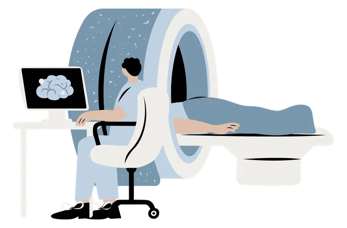 Paciente passando pela máquina de ressonância magnética  Ilustração