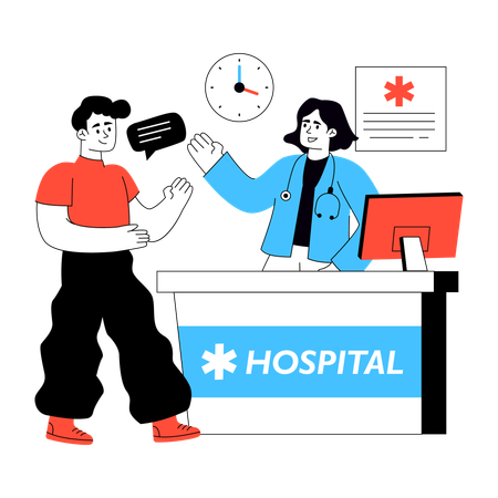 Paciente recebe ajuda da recepção do hospital  Illustration