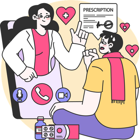 Paciente tomando prescrição de medicamentos on-line  Ilustração