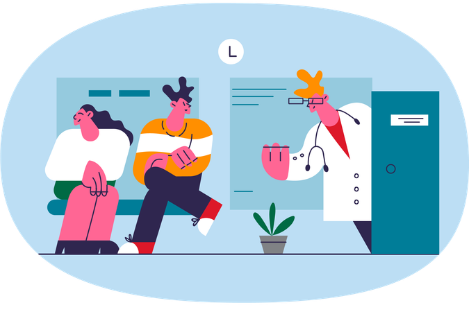 Pacientes aguardando sua vez de consultar um médico na sala de espera  Ilustração
