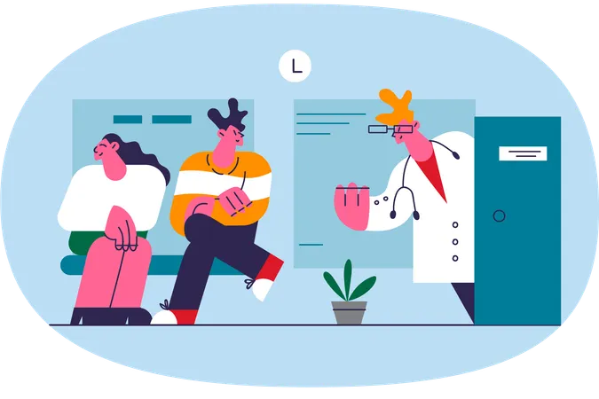 Pacientes aguardando sua vez de consultar um médico na sala de espera  Ilustração