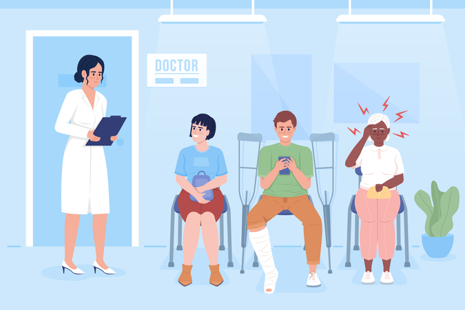 Pacientes esperando cita médica  Ilustración