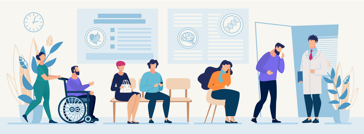 Pacientes sentados en cola en el centro médico Ilustración