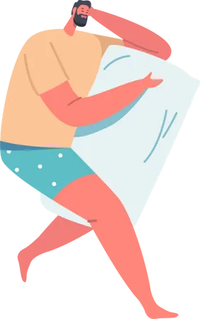 Personagem masculino pacífico usa pijama para dormir ou cochilar à noite isolado em fundo branco. Pose de homem cansado dormindo  Ilustração