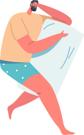 Un personaje masculino pacífico usa pijama para dormir o tomar una siesta por la noche aislado en fondo blanco. Hombre cansado durmiendo pose  Ilustración