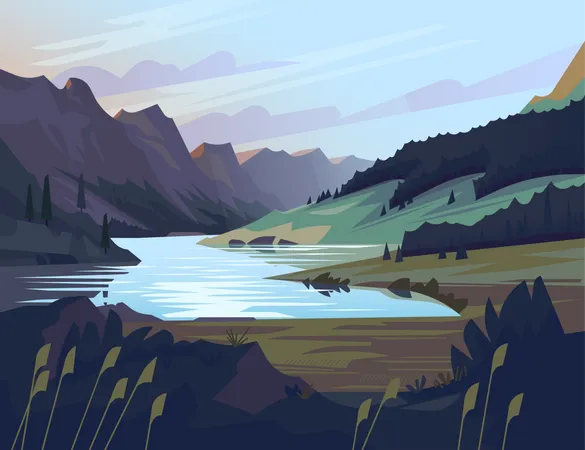 Tranquilo y tranquilo paisaje deshabitado de valle montañoso con un lago rodeado de rocas, perdido en un bosque  Ilustración