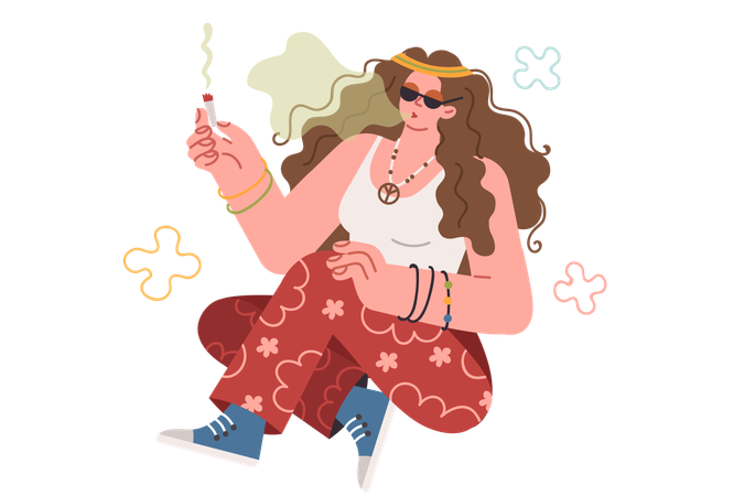 Pacifist woman smokes cannabis enjoying life and participating in hippie subculture  Illustration