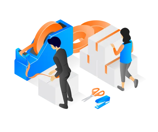 Isometric Style Illustration Of Isometric Style Illustration Of An Employee Packing Goods For Delivery Illustration