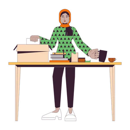 Packing Box Personal Belongings Line Cartoon Flat Illustration Muslim Hijab Woman Unpacking New House 2 D Lineart Character Isolated On White Background Employee Resignation Scene Vector Color Image 일러스트레이션