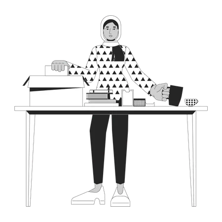 Packing Box Personal Belongings Black And White Cartoon Flat Illustration Scarf Hijab Woman Unpacking New House 2 D Lineart Character Isolated Worker Resignation Monochrome Scene Vector Outline Image Illustration