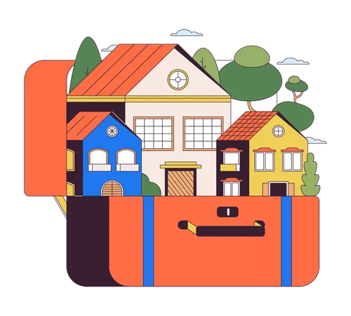 Packing City In Suitcase 2 D Linear Illustration Concept Travel Bag Houses Urban Scene Cartoon Object Isolated On White Luggage Suburban Baggage Homes Metaphor Abstract Flat Vector Outline Graphic Illustration