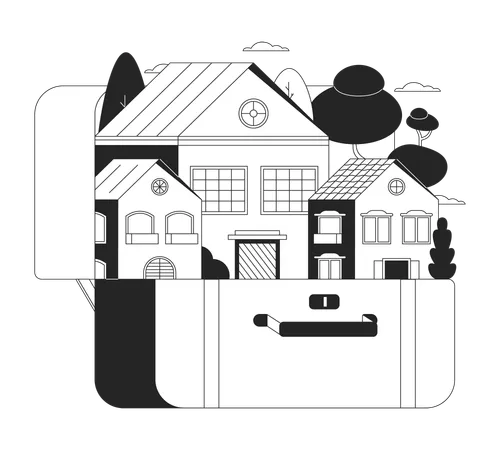 Packing City In Suitcase Black And White 2 D Illustration Concept Travel Bag Houses Urban Scene Cartoon Outline Object Isolated On White Luggage Suburban Baggage Homes Metaphor Monochrome Vector Art Illustration