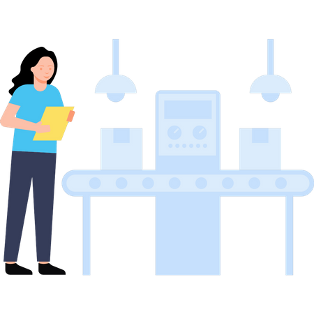 Mulher monitorando pacotes na correia transportadora  Ilustração