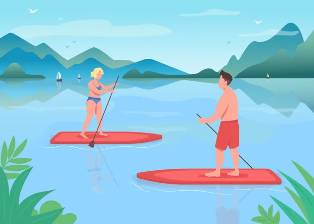Surf Boarding Flat Color Vector Illustration Active Lifestyle Paddleboarding Training Water Sport Standup Paddleboarding Athlete 2 D Cartoon Characters With Landscape On Background Illustration