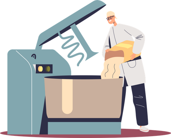 Padeiro masculino colocando farinha em grande misturador industrial para amassar  Ilustração