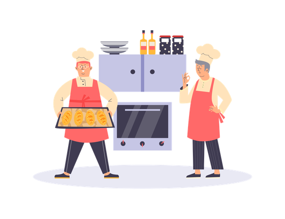 Padeiros com equipamentos para preparar pão  Ilustração