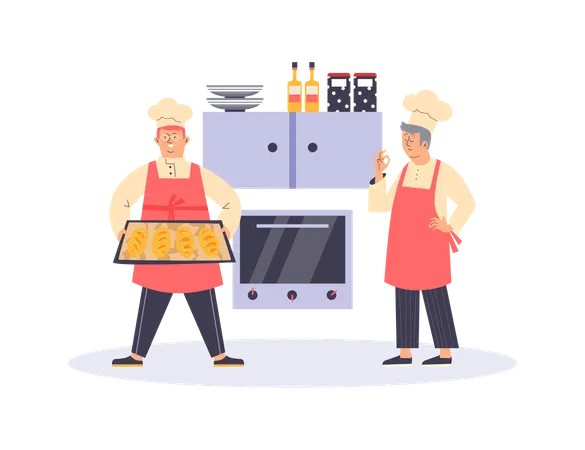 Padeiros com equipamentos para preparar pão  Ilustração