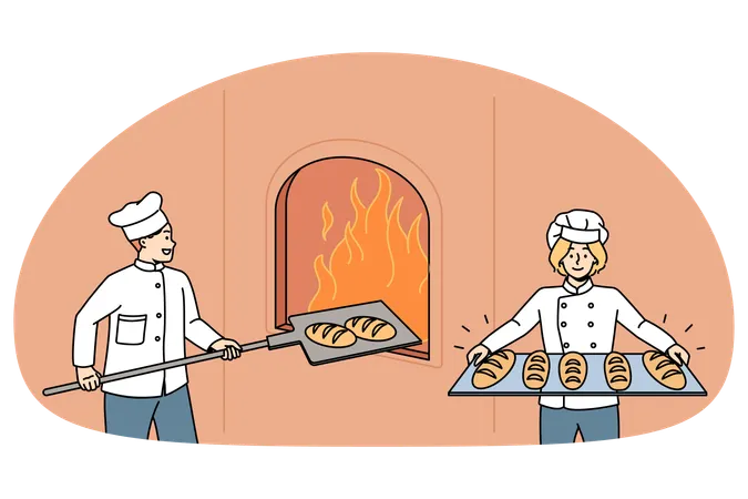 Padeiros felizes em uniforme preparam pães crocantes frescos e saborosos no fornoEquipe de padaria  Ilustração