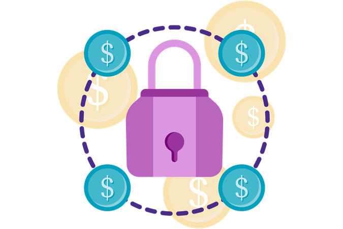 Padlock surrounded by coins  Illustration