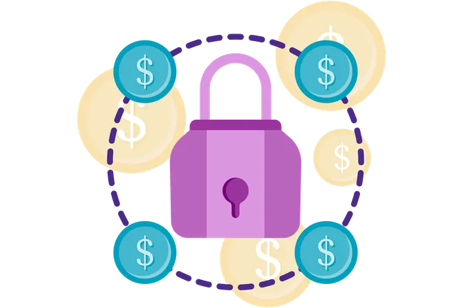 Padlock surrounded by coins  Illustration