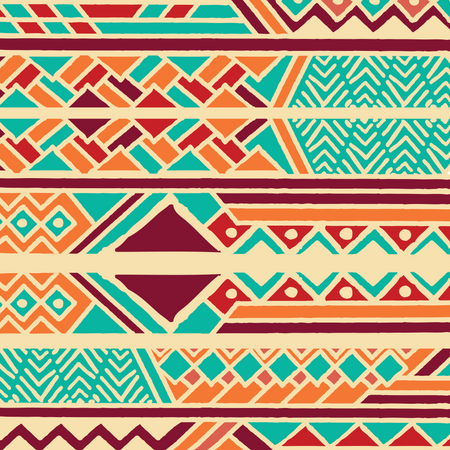 Padrão boêmio colorido étnico tribal com elementos geométricos, pano de lama africano, desenho tribal  Ilustração