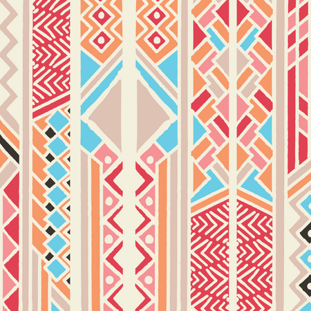 Padrão boêmio colorido étnico tribal com elementos geométricos, pano de lama africano, desenho tribal  Ilustração