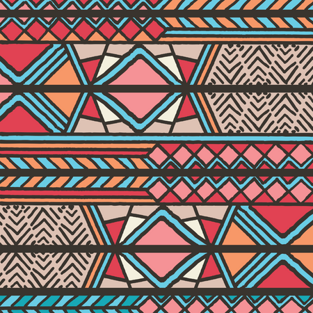 Padrão boêmio colorido étnico tribal com elementos geométricos, pano de lama africano, desenho tribal  Ilustração