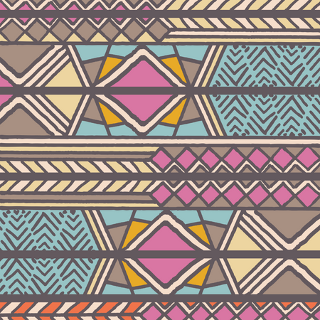 Padrão boêmio colorido étnico tribal com elementos geométricos, pano de lama africano, desenho tribal  Ilustração